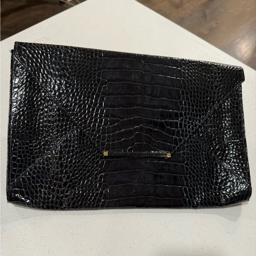 Abas Black Croc Embossed Envelope Clutch